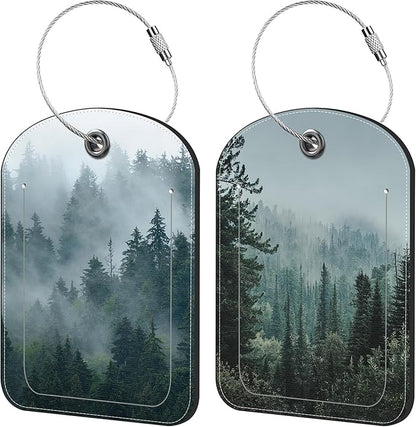 Misty Valley and Dark Forest Luggage Tag for Suitcase Set of 2 PU Leather Cute Luggage Tags with Stainless Metal Loop ID Label Privacy Flap Suitcase Tags for Women and Men Travel