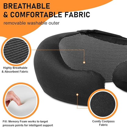 Travel Pillow - Hooded Neck Pillow Airplane Memory Foam Filling for Plane, Office, Cars Sleeping, Road Trip, Long Flights, Portable Plane Accessories, Includes Eye Mask & Earplugs (Black)