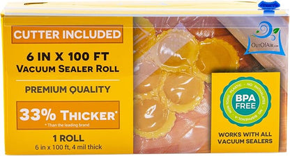 6" x 100' Mega Roll & Cutter Box Vacuum Sealer Bags Roll (No More Scissors) 4 mil 100 Foot OutOfAir, 33% Thicker, BPA Free, Sous Vide, Commercial Grade, Works with FoodSaver Sealers