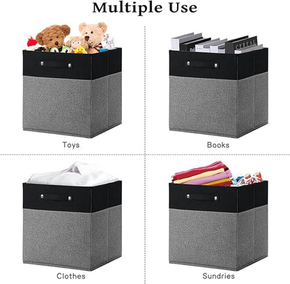 13 x 13 Inch Fine Linen Storage Bins with Handles，Fabric Cube Boxs，Collapsible Basket Organizers for Shelves for Home, Closet Drawers (Black/Gray-4 Pack)