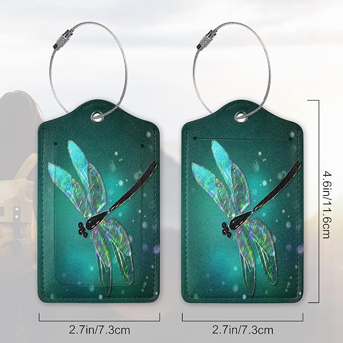 2 Pack Luggage Tag for Suitcase, Dragonfly Leather Suitcase Tags Identifiers with Privacy Name Address Labels & Durable Steel Loop for Women/Men Travel Fantasy Green Dragonfly