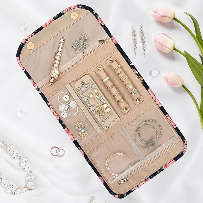 Pavilia Foldable Jewelry Organizer - Travel Roll Bag with Compartments for Earrings, Rings, Necklaces, Bracelets - Packing Accessory