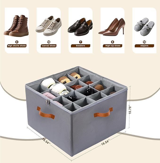 Shoe Organizer for Closet, Fits up to 16 Pairs Shoe Storage, Clear Foldable Shoe Containers Boxes Bins Baskets with Adjustable Dividers and Clear Cover Grey