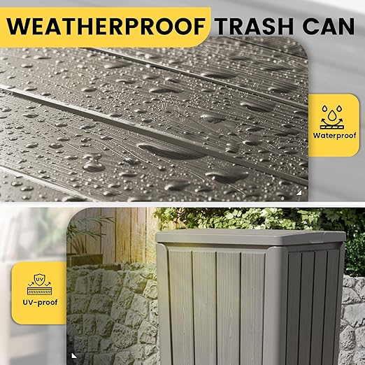 Outdoor Trash Can with Lid, Waterproof Resin Garbage Can with Tiered Lid, Outside Trash Bin for Patio, Kitchen, Backyard or Deck