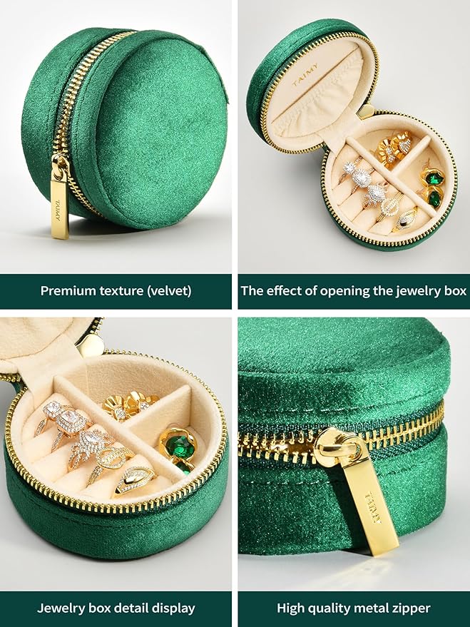 TAIMY Travel Jewelry Case, Small Round Velvet Travel Jewelry Box for Women Girls, Portable Tiny Jewelry Travel Organizer Boxes for Rings Earrings Necklaces Bracelets(Emerald Green)