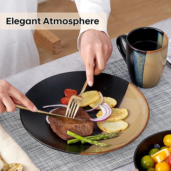 Beston Stoneware Dinnerware Sets Service for 4, 16 pcs Reactive Glaze Plates and Bowls Sets, Handmade Ceramic Dish Set, Highly Chip and Crack Resistant Modern Plate Set, Brown and Black