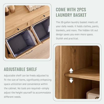 Triple Tilt Out Laundry Hamper Cabinet, 20 Gallon Farmhouse Trash Can Cabinet w/Drawer & Adjustable Shelf, Hidden Garbage Can Bin Cabinets w/Laundry Basket for Bathroom, Kitchen (Natural)