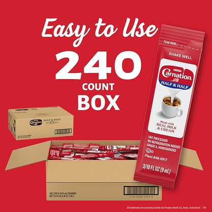 Nestle Carnation Coffee Creamer Half and Half, Made with Real Dairy, 0.304 fl oz Liquid Stick Pack (Box of 240)