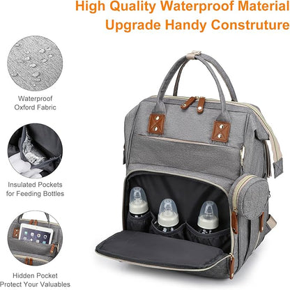 Diaper Bag with Changing Station, Waterproof 3 in 1 Baby Diaper Backpack with Foldable Changing Pad, Large Travel Back Pack for Baby Girl Boy, Grey