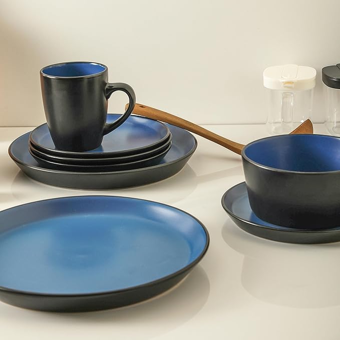 Stone Lain Albie Stoneware 16-Piece Modern Dinnerware Set, Kitchen Plates and Bowls Sets, Dish Set for 4, Blue and Black