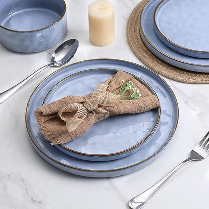 LIANYU 18 Pcs Dinnerware Sets for 6, Plates and Bowls Dinner Set, Stoneware Dish Tableware for Dessert Salad Pasta, Microwave & Dishwasher Safe, Serenity Blue