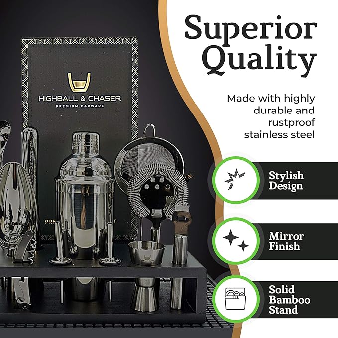 Highball & Chaser 13-Piece Cobbler Cocktail Shaker Set: Black Polished Stainless Steel Bartender Kit for Home Bar Set | Laser Engraved Tools Plus E-Book with 30 Recipes