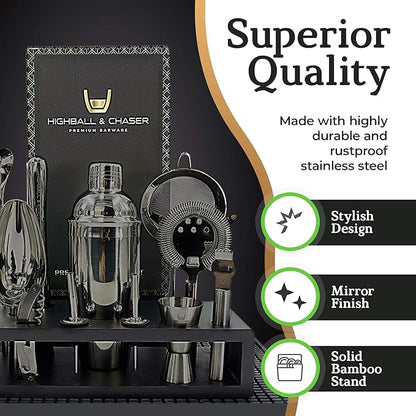 Highball & Chaser 13-Piece Cobbler Cocktail Shaker Set: Black Polished Stainless Steel Bartender Kit for Home Bar Set | Laser Engraved Tools Plus E-Book with 30 Recipes