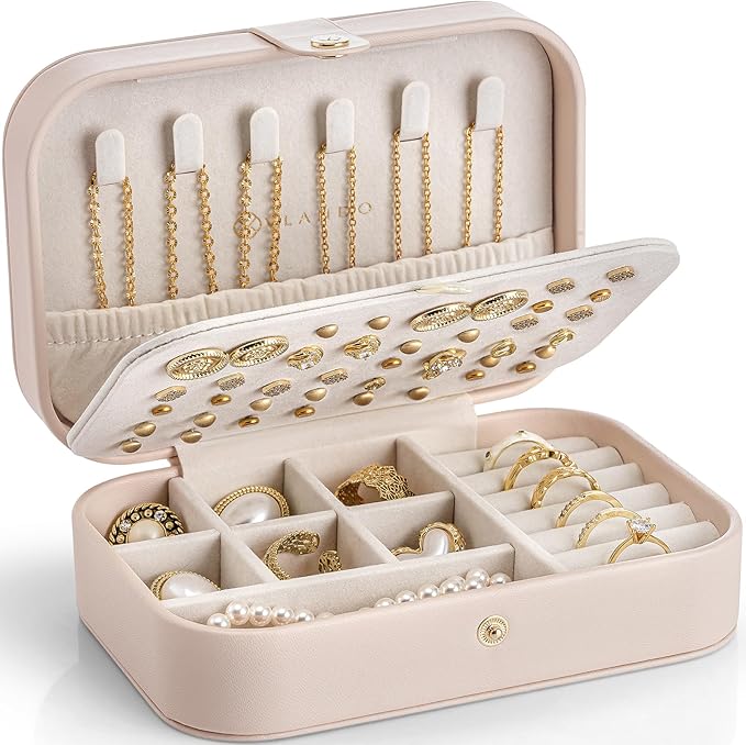 Vlando Travel Jewelry Case, PU Leather Travel Jewelry Box with Earring Holder, Portable Display Small Jewelry Box for Mothers Day Women Girls Gift - Pink