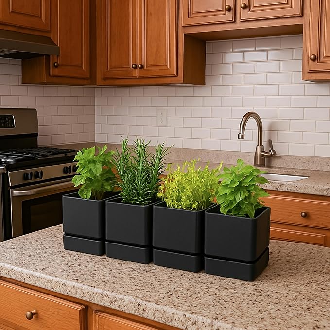 D'vine Dev 4 Inch Herb Planter Pot, Plastic Planter with Drainage Holes and Saucer, Modern Decorative Gardening Pot for Indoor Plants, Flowers, Herbs, Succulents, Black, Set of 4, 76-Y-B4-1