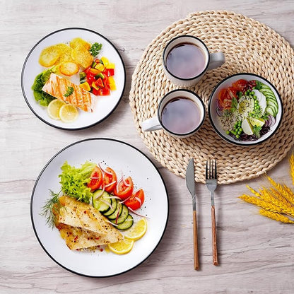 Homlouue 16 Pieces Stoneware Dinnerware Set, Speckled Ceramic Plates and Bowls Mugs Sets Service for 4, Ceramic Dishes Set, Microwave and Dishwasher Safe(White with Black Rim)