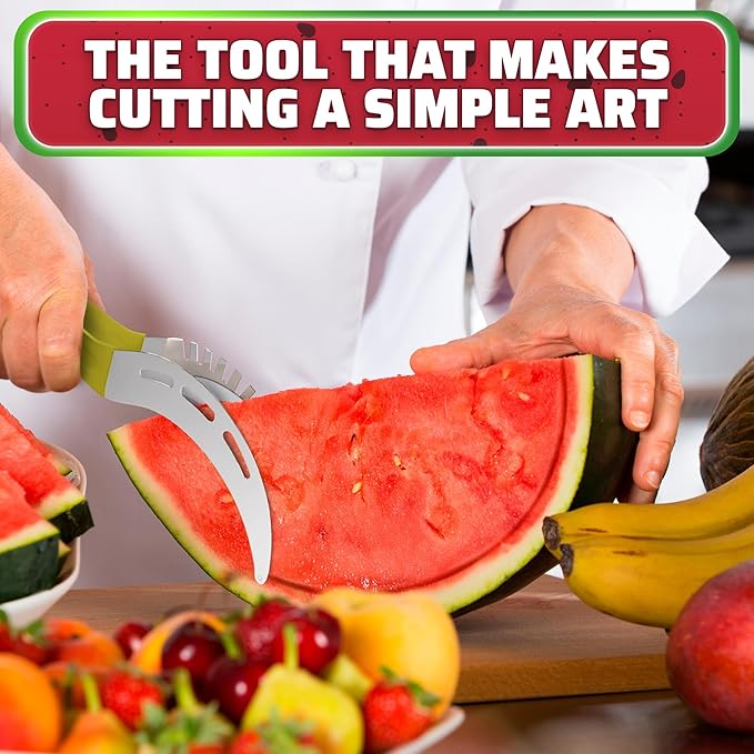 Stainless Steel Watermelon Slicer Tool – 9.05" x 1.5" Watermelon Cutter Tool Cuts 1 In Cubes & Slices – Ergonomic Handle, Mess-Free Fruit Cutting for Cantaloupe, Honeydew, Papaya & Other Summer Snacks