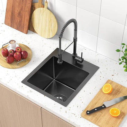 13 x 15 inch Drop in Bar Sink Black, Small Topmount Kitchen Sink Single Bowl 18 Gauge Handmade Wet Bar Sink with Drain