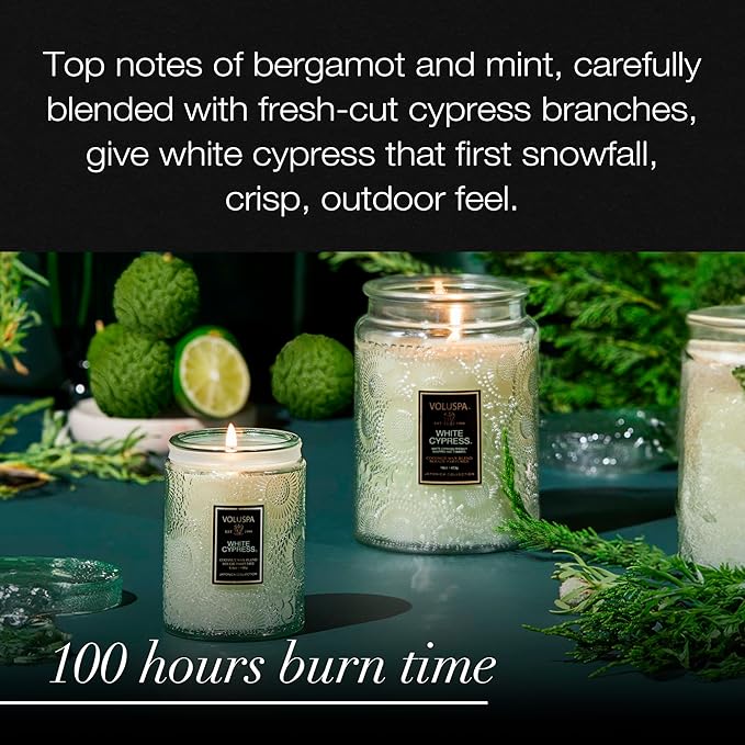 Voluspa White Cypress,Large Candle Jar,18 Ounce,100 Hour Burn Time, & Coconut Wax for Clean Burning,,Handcrafted in the USA