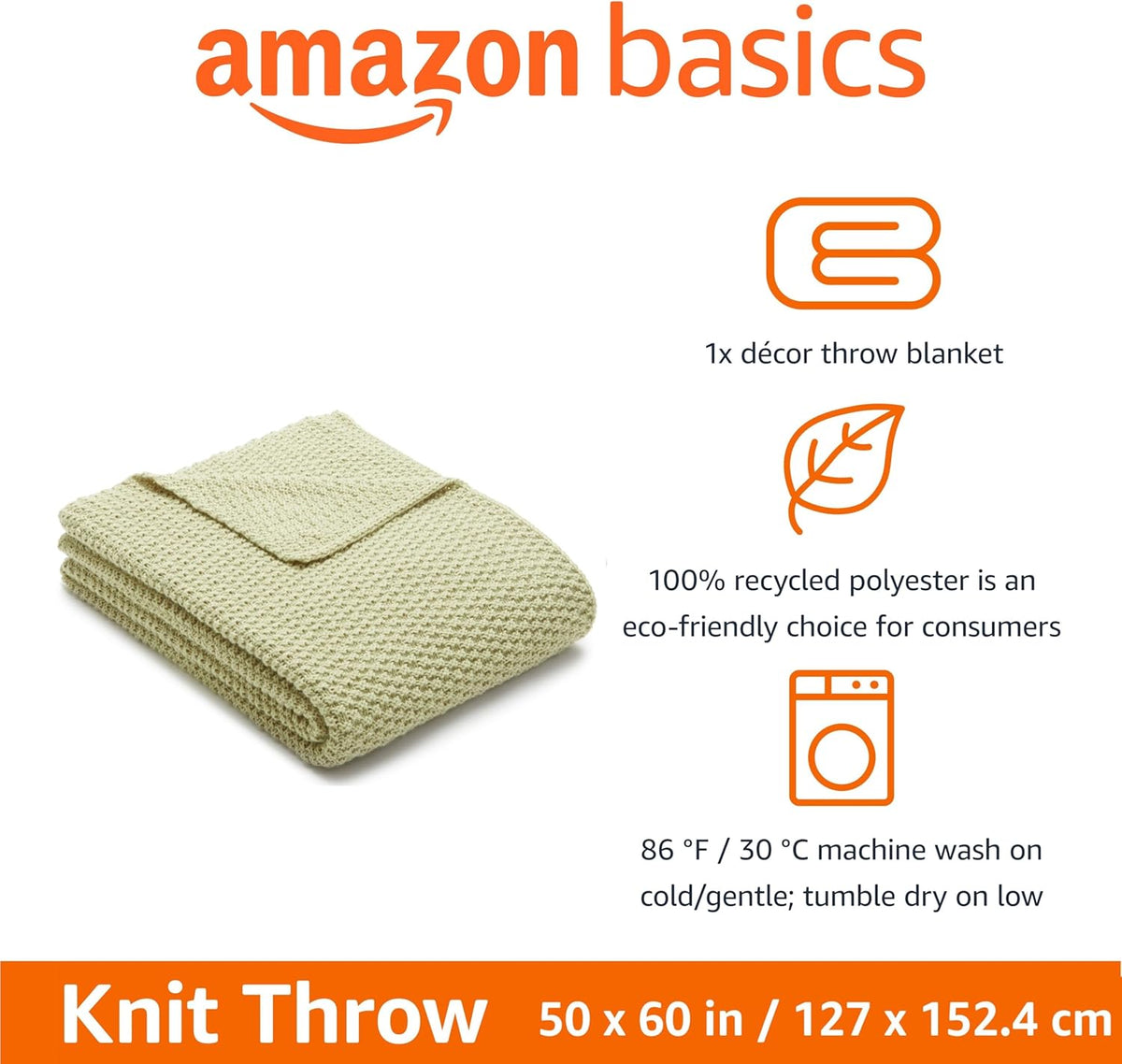 Amazon Basics Chunky Cable Knit Throw Blanket for Couch, Sofa, Bed, Lightweight Soft Cozy, Sage Green, 50"x 60"