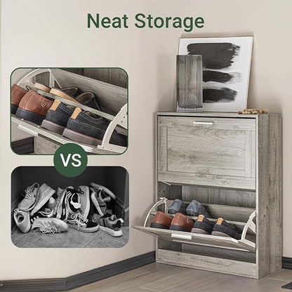 Shoe Cabinet for Entryway, 2-Tier Flip Drawer Shoe Storage Cabinet with Dividers, Shoe Organizer for Small Spaces, Narrow Shoe Rack, Slim Shoe Rack Freestanding, Grey, HUS-FSR137