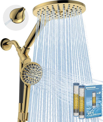 MakeFit Dual Filtered Rain Shower Head Combo, High Pressure Handheld Shower Head with Adjustable Bar - Rainfall Shower Head And Showerhead with Filter for Hard Water - Removes Chlorine(Gold)
