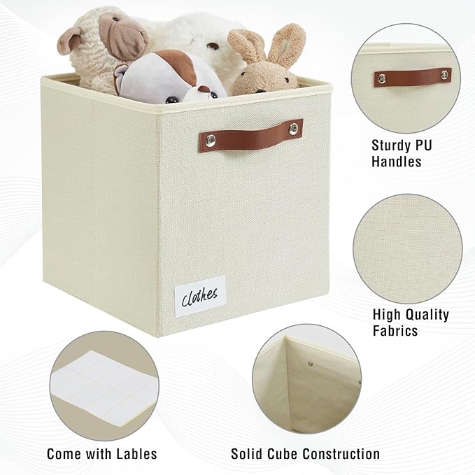 Collapsible Fabric Storage Cube Bins with 2 Reinforced PU Handles, Foldable Storage Organizer Baskets for Closet, Shelves, Living Room | 11"x11"x11", 4 Pack, Full Beige