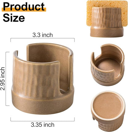 Sponge Holder for Kitchen Sink, Ceramic Sink Caddy Scrub Sponge Tray Dish Rack for Scrubbers, Kitchen Organizer, Brown
