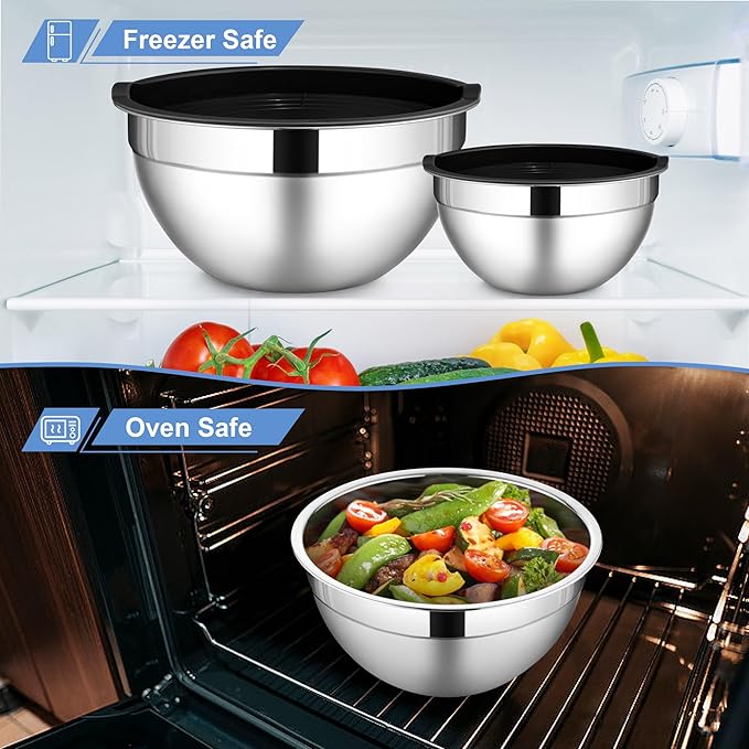 LIANYU Stainless Steel Mixing Bowls with Lids Set, Kitchen Nesting Metal Bowl Set of 6, Ideal for Salad Baking Cooking Serving Food Storage, Size 7, 3.5, 2.5, 2, 1.5, 1QT, Dishwasher Safe, Black