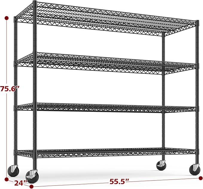 REIBII 55.5''W Storage Shelves 2500LBS Wire Shelving Unit with Wheels Heavy Duty Metal Shelves for Storage Adjustable Garage Storage Rack Pantry Shelf Kitchen Shelving, 75.6" H X 55.5''W X 24" D, 3PCS