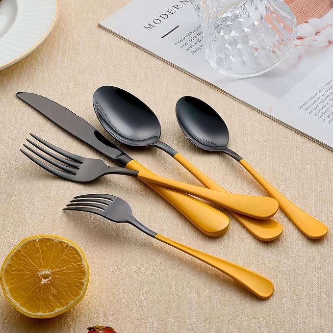 20-Piece Black Silverware Set 18/0 Stainless Steel Silverware Set Yellow Handle Cutlery Set Service for 4 Dinner Knives Forks Spoons Set Flatware Set Finish Dishwasher Safe（Black and Yellow）