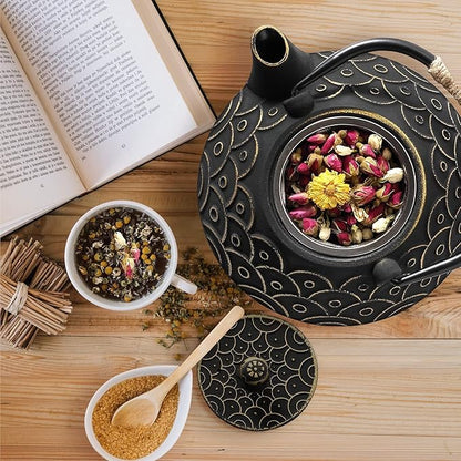 Japanese Tea Kettle Cast Iron Teapot, Teapot Infuser Strainer Set Chinese Black with Gold Wave Pattern with Stainless Steel Filter 30oz/0.9L