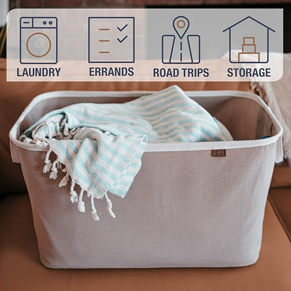 CleverMade Collapsible Laundry Basket Hamper - LUXE Cream Herringbone 2Pack 60L -SpaceSaving Storage Organizer with Handles Foldable Home Organization