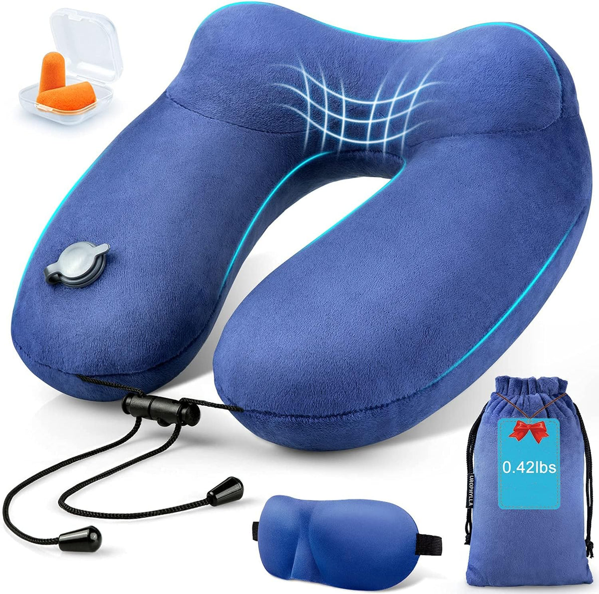 urophylla Inflatable Travel Neck Pillow for Airplanes, Super Soft Velvet Neck Support, Adjustable Firmness, Blow Up Plane Pillow for Long Flights, Road Trips, Travel Essentials with Eye Mask, Earplug