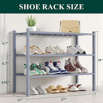 Smiry Shoe Rack, 3 Tier Bamboo Shoe Organizer, Stackable Free Standing Wooden Shoe Storage Shelf for Closet, Entryway, Front Door Entrance, Grey