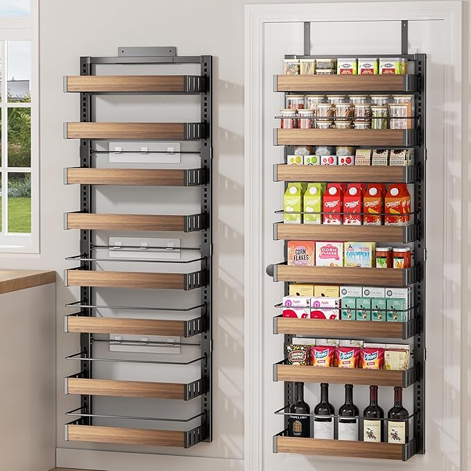 8 Tier Over The Door Pantry Organizer, 2 IN 1 Wall Mount or Hanging Spice Rack Seasoning Shelves with Adjustable Basket, Back of Door Organizer and Storage for Kitchen Cabinet and Room Closet
