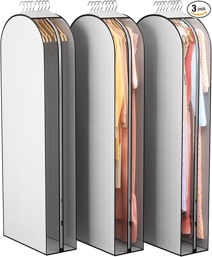 10" Gusseted Garment Bags for Hanging Clothes 60" Suit Bags for Open Closet Storage, Side Clear Clothing Cover for Coat, Dress, Jacket, Shirt, Fur Wardrobe Protector, 3 Packs, Grey
