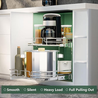 LOVMOR 2 Tier Individual Pull Out Cabinet Organizer 14½" W x 21½" D, Slide Out Kitchen Cabinet Storage Sliding Shelves
