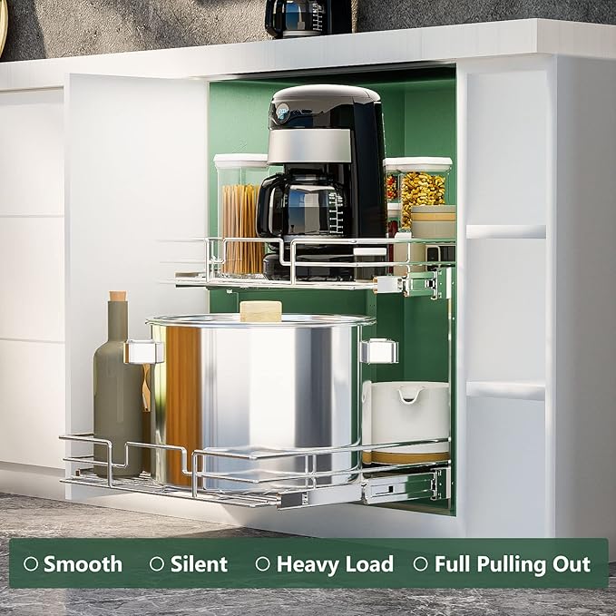 LOVMOR 2 Tier Individual Pull Out Cabinet Organizer 12½" W x 21½" D, Slide Out Kitchen Cabinet Storage Sliding Shelves