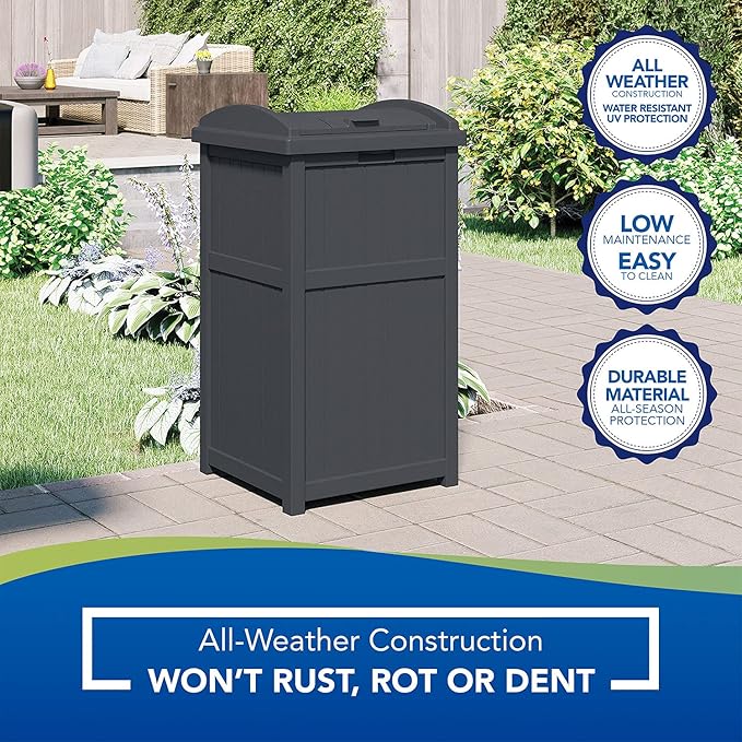 Suncast Outdoor Trash Hideaway, Resin Refuse Container w/ Lid, Cyberspace, 30 Gallon Capacity - Stylish Concealed Waste Storage for Patio, Backyard, Deck or Garden, Use 30-33 Gal. Garbage Can Liners
