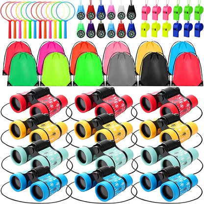 12 Set Binocular Compass Magnifying Glass Set Christmas Birthday Gift Small Telescope Binocular with Whistle Bag for Outdoor Exploring Stocking Stuffer(Mixed Color,Pine)