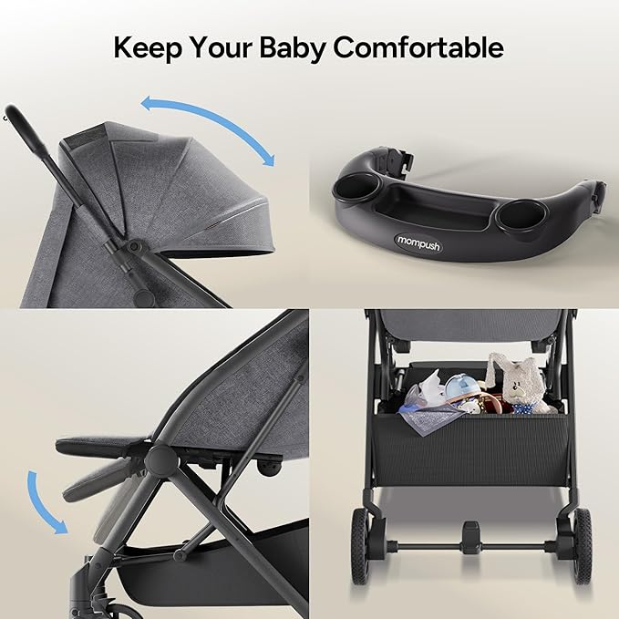 Mompush Lithe V2 Lightweight Travel Stroller, Compact Foldable Baby Stroller with Travel Bag, One-Hand Fold Stroller, Snack Tray, Mechanical Recline Seat, Airplane-Ready, UPF 50+ Canopy & Rain Cover