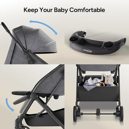 Mompush Lithe V2 Lightweight Travel Stroller, Compact Foldable Baby Stroller with Travel Bag, One-Hand Fold Stroller, Snack Tray, Mechanical Recline Seat, Airplane-Ready, UPF 50+ Canopy & Rain Cover