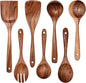 Wooden Non-Stick Kitchen Pan Toolset 7 Pieces Set,100% Natural Teak Kitchen Utensils Spatula, Wooden Cooking Utensils Spoons, Fried Spatula and Salad Fork