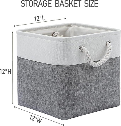 12 x 12 Inch Cube Storage Bins, 6 Pack Large Collapsible Fabric Storage Bin with Ropes, Foldable Storage Cubes for Home, Office,Closet, Clothes, Toys Organizer (White & Grey)