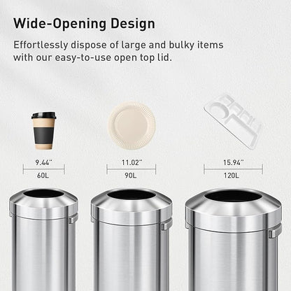 EKO Urban 24 Gallon Round Stainless Steel Open Top Waste Bin, Tall Commercial Trash Can for Indoor/Outdoor, Extra Large Metal Garbage Bin for Office, Restaurant, Restroom, 90L