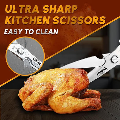 HUUSK Kitchen Scissors All Purpose - Stainless Steel Kitchen Shear, Sharp Silver Meat Scissors Dishwasher Safe, Heavy Duty Poultry Shears, Japanese Cooking Scissor for Food, Christmas Gifts for Women