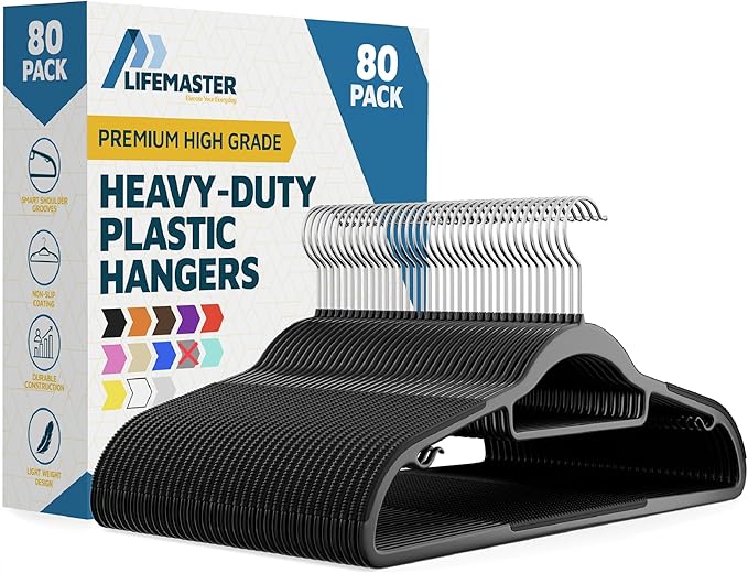 Lifemaster Versatile Clothes Hanger Set - 80 Pieces Space-Saving Dry and Wet Clothes Hanger Set with 360° Swivel Hook and Non-Slip Rubber Design - Black