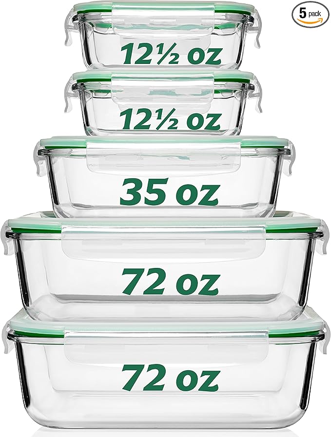 Fusion Gourmet Large Glass Food Storage Containers with Lids [5 Pack, 72 oz, 9 Cup], Airtight, Leakproof, Microwave and Oven Safe Borosilicate Glass