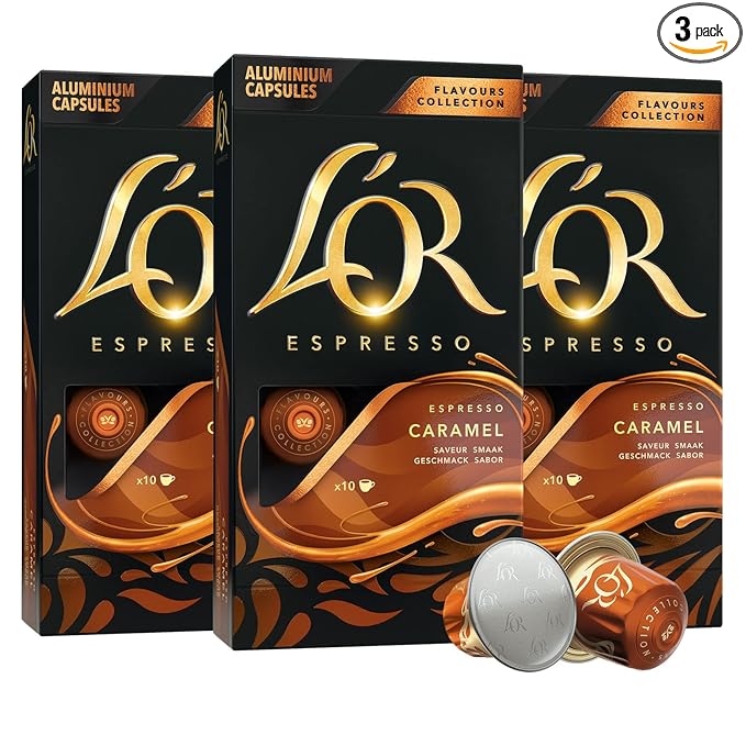 L'OR Espresso Capsules, 30 Count Caramel, Single-Serve Aluminum Coffee Capsules Compatible with the L'OR BARISTA System & *Nespresso Original Machines, 30 Count (Pack of 3)